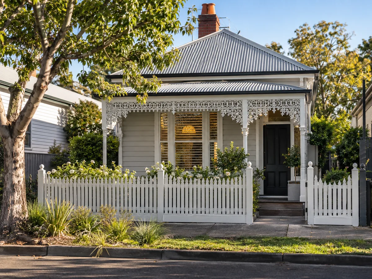 Restored Victorian cottage with iron lace verandah and picket fence in Seddon