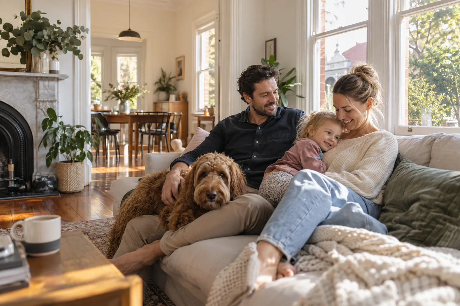 Family relaxing at home in a renovated period house with timber floors